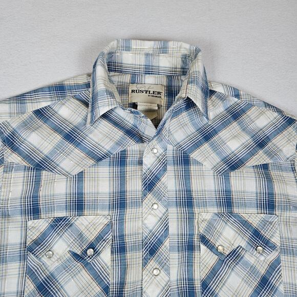 Rustler by Wrangler Mens Pearl Snap Plaid Cotton Western Cowboy Metallic Blue S - Picture 6 of 15